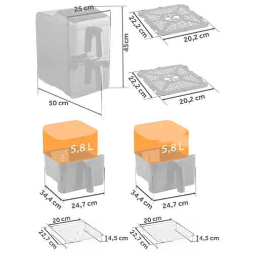 Légkeveréses fritőz, kétkamrás, függőleges, 11,6 l, Berdsen 3000W BD-663