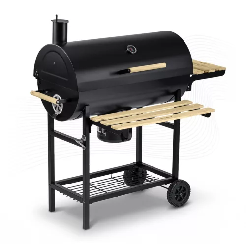 Kerti faszenes grillsütő hordó kéménysel, polcokkal + hőmérővel + hamutartóval Berdsen BD-895 fekete