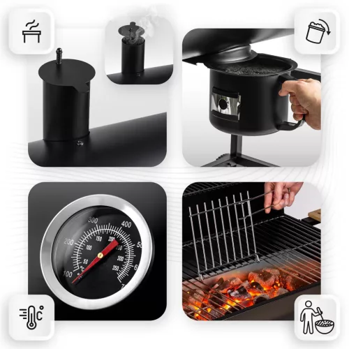 Kerti faszenes grillsütő hordó kéménysel, polcokkal + hőmérővel + hamutartóval Berdsen BD-895 fekete