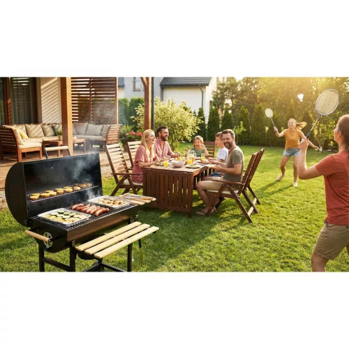 Kerti faszenes grillsütő hordó kéménysel, polcokkal + hőmérővel + hamutartóval Berdsen BD-895 fekete