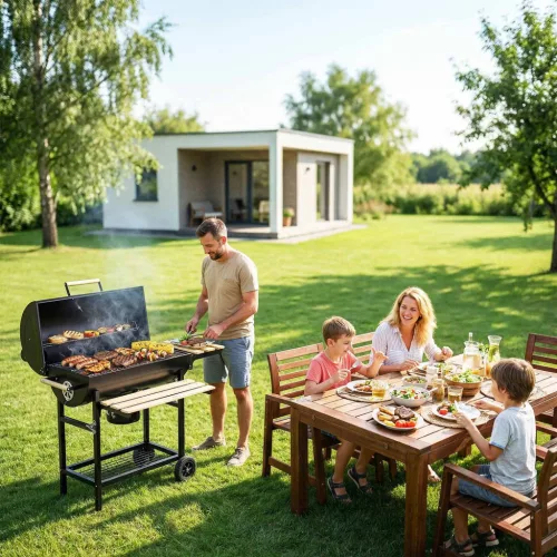 Kerti faszenes grillsütő hordó kéménysel, polcokkal + hőmérővel + hamutartóval Berdsen BD-895 fekete
