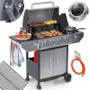 Gázüzemű kerti grillsütő, öntöttvas ráccsal és fedővel, 4+1 égővel, Berdsen BD-896