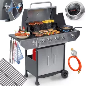   Gázüzemű kerti grillsütő, öntöttvas ráccsal és fedővel, 4+1 égővel, Berdsen BD-896