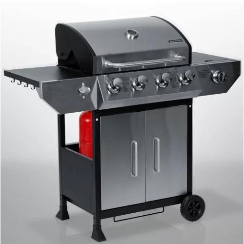 Gázüzemű kerti grillsütő, öntöttvas ráccsal és fedővel, 4+1 égővel, Berdsen BD-896