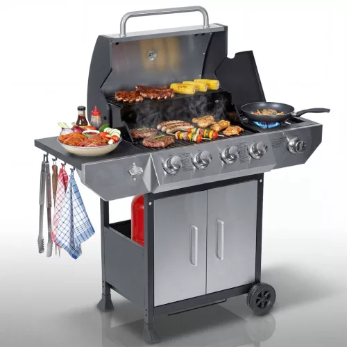 Gázüzemű kerti grillsütő, öntöttvas ráccsal és fedővel, 4+1 égővel, Berdsen BD-896
