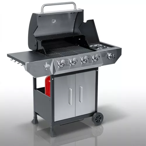 Gázüzemű kerti grillsütő, öntöttvas ráccsal és fedővel, 4+1 égővel, Berdsen BD-896
