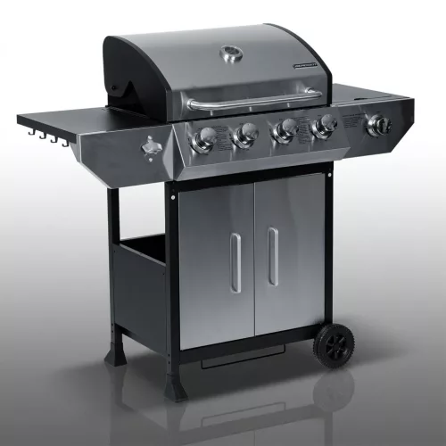 Gázüzemű kerti grillsütő, öntöttvas ráccsal és fedővel, 4+1 égővel, Berdsen BD-896