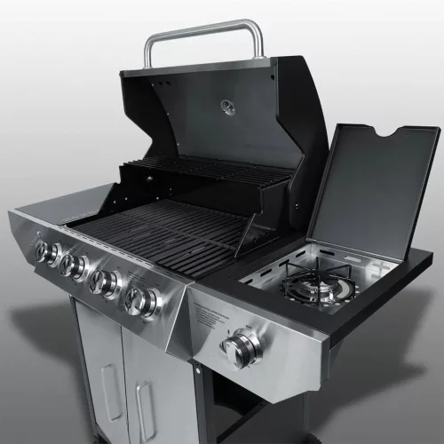 Gázüzemű kerti grillsütő, öntöttvas ráccsal és fedővel, 4+1 égővel, Berdsen BD-896