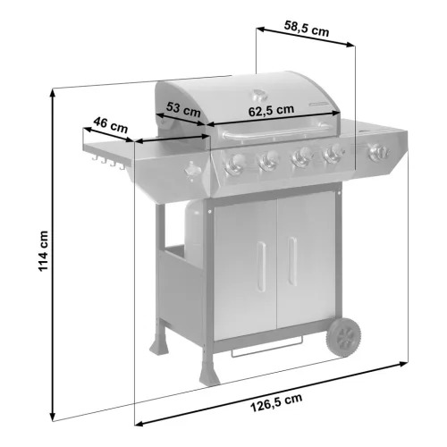 Gázüzemű kerti grillsütő, öntöttvas ráccsal és fedővel, 4+1 égővel, Berdsen BD-896
