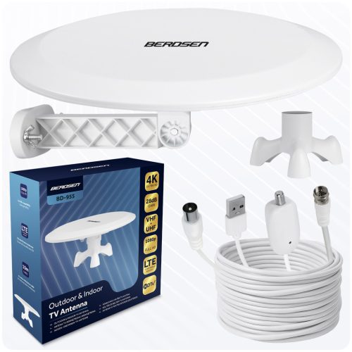 Kültéri és beltéri TV antenna, 4K Ultra HD, VHF és UHF, fehér - Berdsen BD-955