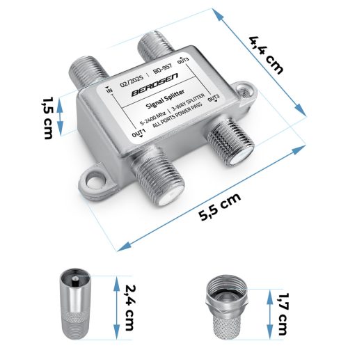 Antenna spliter elosztó 5x F bemenet - 2x F–IEC gyorscsatlakozó, fém, 5–2400 Mhz - es működési tartomány - Berdsen BD-957