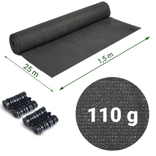 Árnyékoló és védőháló kerítéshez, 1,5x25m 110g/m2 + 50 klipsz szürke - Plonos
