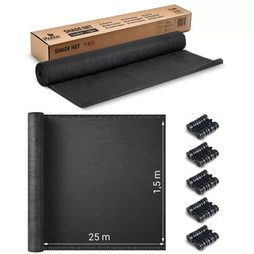 Árnyékoló és védőháló kerítéshez, 1,5x25m 110g/m2 + 50 klipsz szürke - Plonos