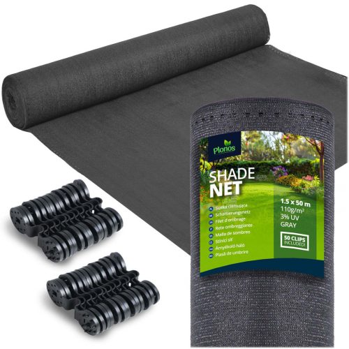 Árnyékoló és védőháló kerítéshez, 1,5x25m 110g/m2 + 50 klipsz szürke - Plonos