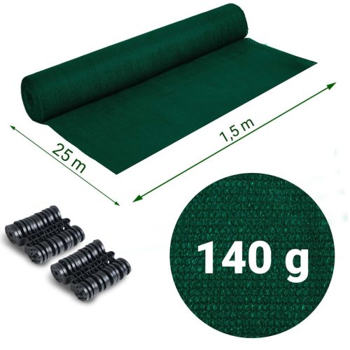 Árnyékoló és védőháló kerítéshez, 1,5x25m 140g/m2 + 50 klip zöld
