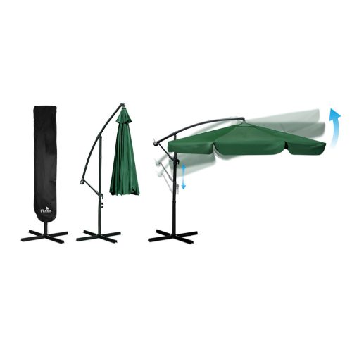 Összecsukható kerti esernyő, állítható dőlésszög és magasság, 350 cm átmérőjű, zöld színű - Plonos PL-880