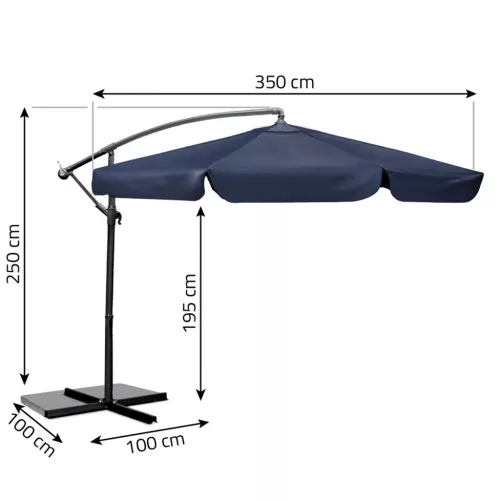 Összecsukható kerti esernyő, állítható dőlésszög és magasság, 350 cm átmérőjű, sötétkék színű - Plonos PL-880