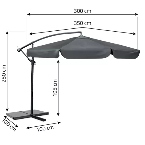 Összecsukható kerti esernyő, állítható dőlésszög és magasság, 350 cm átmérőjű, szürke színű - Plonos PL-881