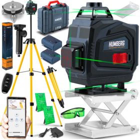  4D lézeres szintező + állvány + hordtáska, 16 zöld lézersugár, 360 fokos horizontális és vertikális lefedettség, önszintező funkció, távirányító, két 2400 mAh-s Li-Ion akkumulátor - Humberg HM-170 