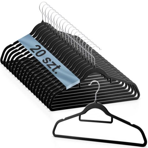 Vállfa, bársonyos ruhaakasztó 20 db-os készlet, csúszásmentes , fekete - MS-859 Massido