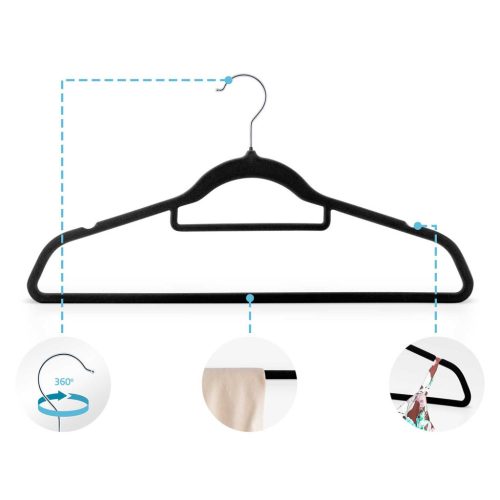 Vállfa, bársonyos ruhaakasztó 20 db-os készlet, csúszásmentes , fekete - MS-859 Massido