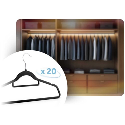 Vállfa, bársonyos ruhaakasztó 20 db-os készlet, csúszásmentes , fekete - MS-859 Massido