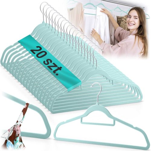 Vállfa, bársonyos ruhaakasztó 20 db-os készlet, csúszásmentes , menta - MS-859 Massido