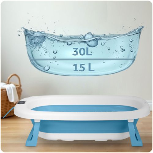 Összecsukható fürdőkád gyerekeknek, csecsemőknek hőmérővel és betéttel RK-287 fehér és kék