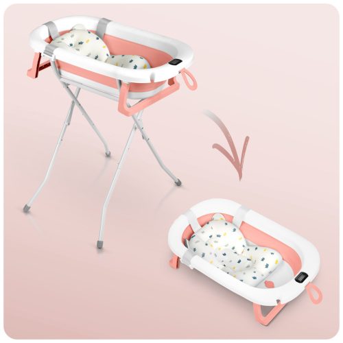 Összecsukható fürdőkád gyerekeknek, csecsemőknek kerettel, hőmérővel és betéttel Ricokids RK-287 fehér és rózsaszín