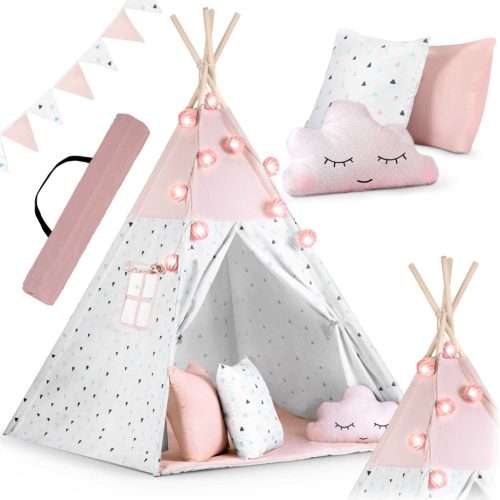 Nukido Teepee sátor gyerekeknek füzérrel és fényekkel - rózsaszín
