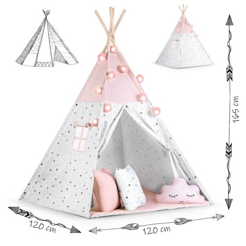 Nukido Teepee sátor gyerekeknek füzérrel és fényekkel - rózsaszín