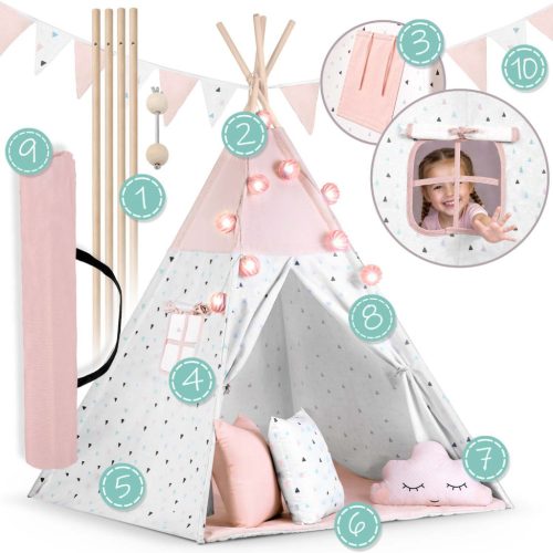 Nukido Teepee sátor gyerekeknek füzérrel és fényekkel - rózsaszín
