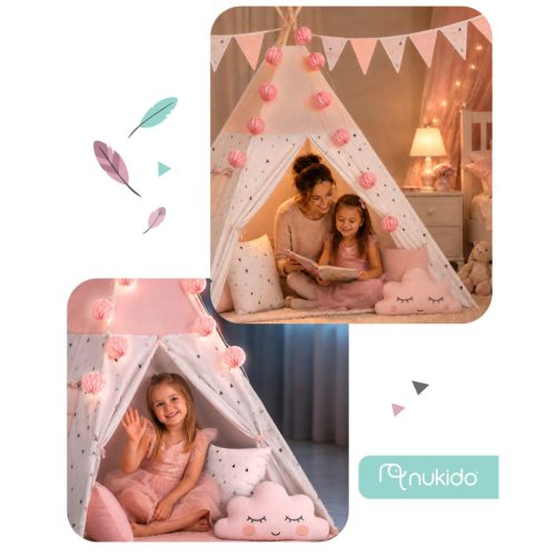 Nukido Teepee sátor gyerekeknek füzérrel és fényekkel - rózsaszín