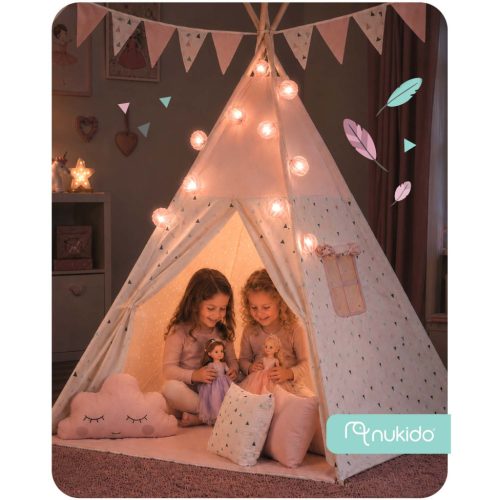 Nukido Teepee sátor gyerekeknek füzérrel és fényekkel - rózsaszín