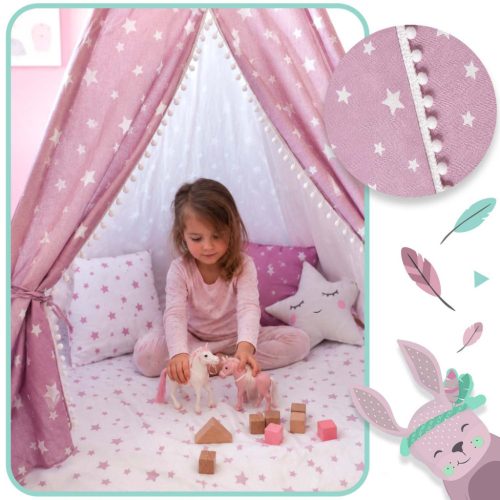 Nukido Teepee sátor lámpákkal gyerekeknek - rózsaszín csillagokkal