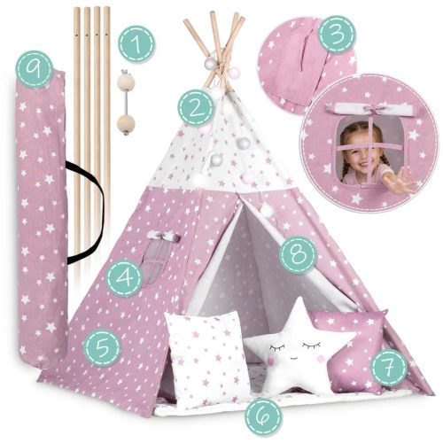 Nukido Teepee sátor lámpákkal gyerekeknek - rózsaszín csillagokkal