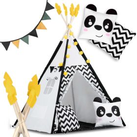   Teepee Indián sátor - játszósátor gyerekeknek lámpával , szőnyeggel és párnákkal , fekete-fehér pandával - Nukido