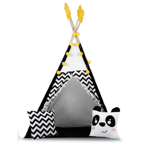 Teepee Indián sátor - játszósátor gyerekeknek lámpával , szőnyeggel és párnákkal , fekete-fehér pandával - Nukido