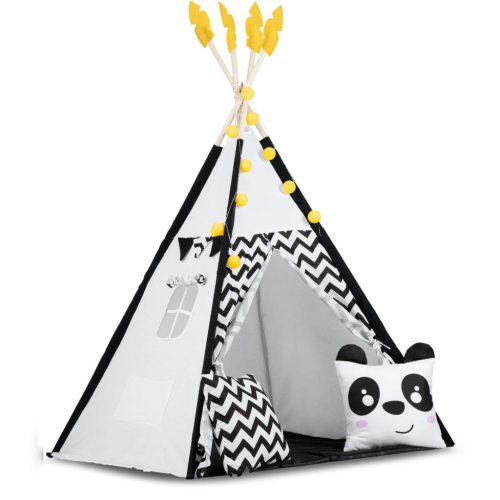 Teepee Indián sátor - játszósátor gyerekeknek lámpával , szőnyeggel és párnákkal , fekete-fehér pandával - Nukido