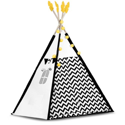 Teepee Indián sátor - játszósátor gyerekeknek lámpával , szőnyeggel és párnákkal , fekete-fehér pandával - Nukido