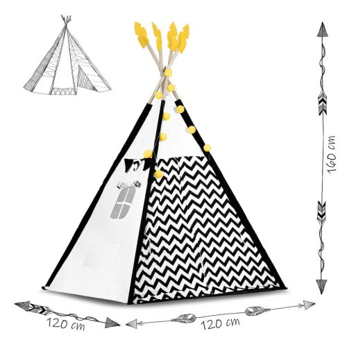 Teepee Indián sátor - játszósátor gyerekeknek lámpával , szőnyeggel és párnákkal , fekete-fehér pandával - Nukido