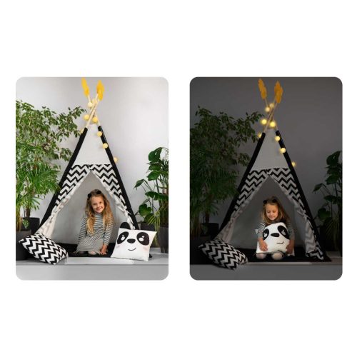 Teepee Indián sátor - játszósátor gyerekeknek lámpával , szőnyeggel és párnákkal , fekete-fehér pandával - Nukido