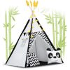 Teepee Indián sátor - játszósátor gyerekeknek lámpával , szőnyeggel és párnákkal , fekete-fehér pandával - Nukido
