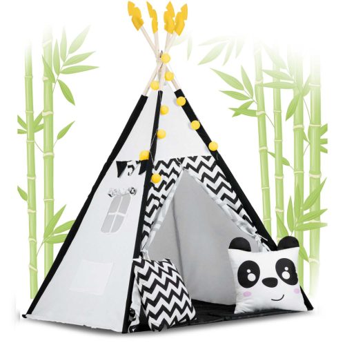 Teepee Indián sátor - játszósátor gyerekeknek lámpával , szőnyeggel és párnákkal , fekete-fehér pandával - Nukido