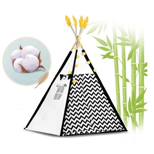 Teepee Indián sátor - játszósátor gyerekeknek lámpával , szőnyeggel és párnákkal , fekete-fehér pandával - Nukido
