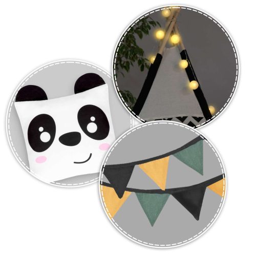 Teepee Indián sátor - játszósátor gyerekeknek lámpával , szőnyeggel és párnákkal , fekete-fehér pandával - Nukido