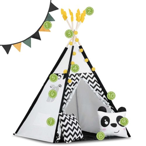 Teepee Indián sátor - játszósátor gyerekeknek lámpával , szőnyeggel és párnákkal , fekete-fehér pandával - Nukido