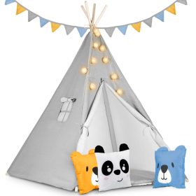   Teepee Indián sátor - játszósátor gyerekeknek lámpával , szőnyeggel és párnákkal , szürke - Nukido