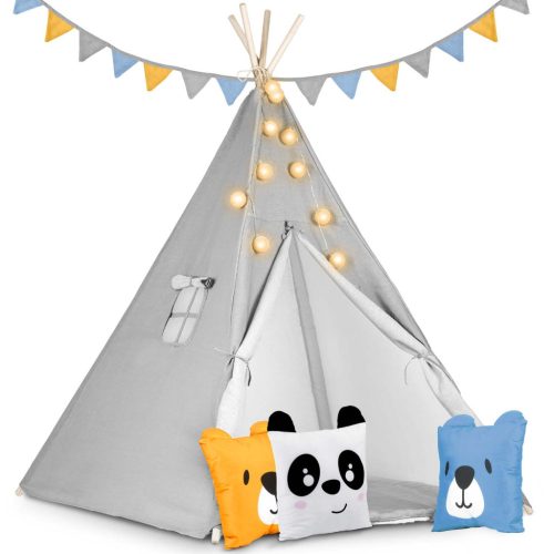 Teepee Indián sátor - játszósátor gyerekeknek lámpával , szőnyeggel és párnákkal , szürke - Nukido
