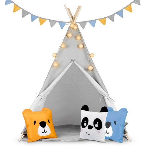 Teepee Indián sátor - játszósátor gyerekeknek lámpával , szőnyeggel és párnákkal , szürke - Nukido